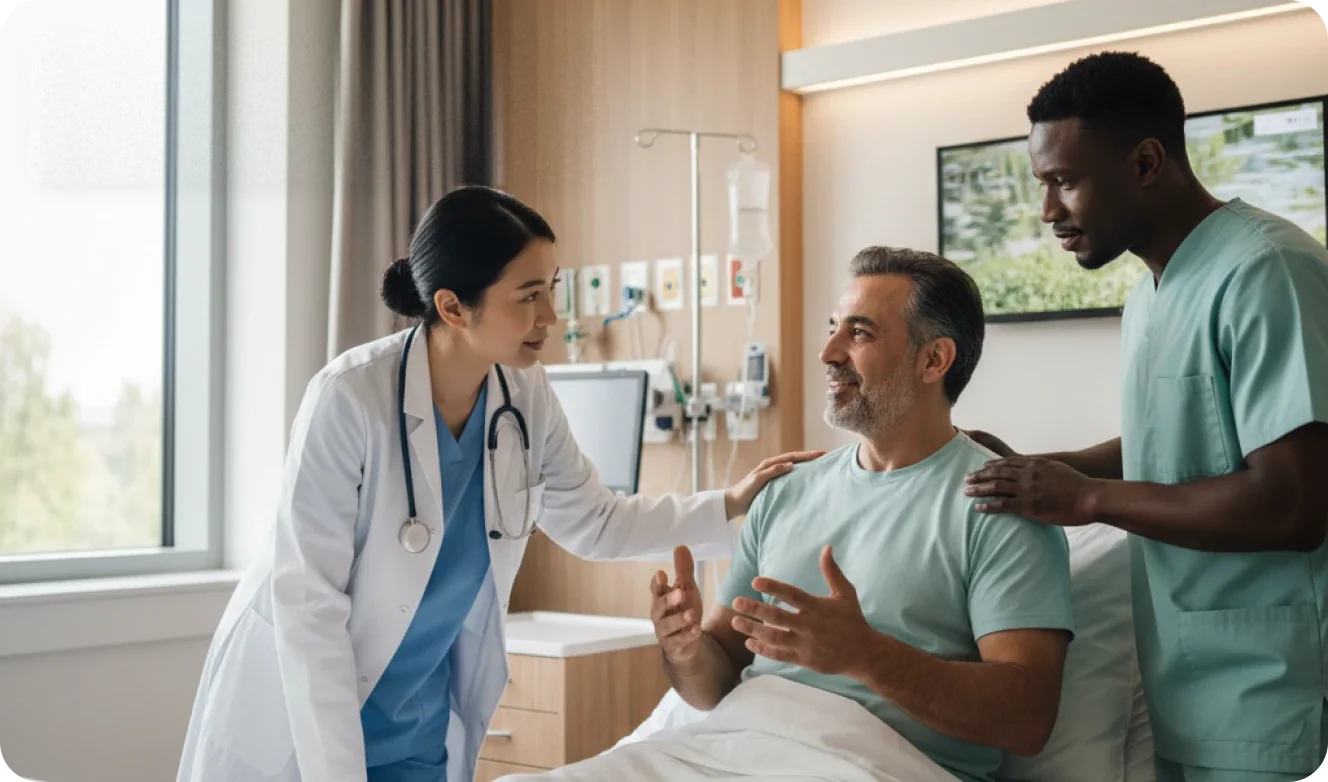 A doctor and a nurse talk with a patient at his bedside.
